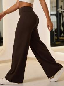 1pc Women High Waist Straight Leg Wide Leg Pants, Sports Trousers - Brown - View 9