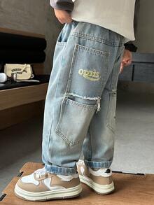 幼儿/小男孩宽松版型做旧口袋休闲时尚厚款牛仔裤，秋季款 - 淺藍色 - 查看 7