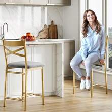 Juego de 4 taburetes de bar modernos con respaldo y patas de metal, asiento con cojín, taburete de isla, juego de taburetes de cocina con altura de mostrador, sillas de comedor, taburetes de bar para comedor y cafetería. - Dorado - Ver 7