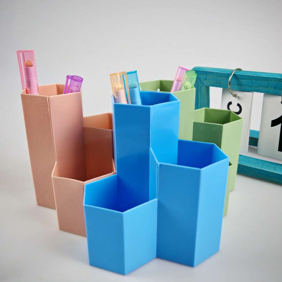 3-In-1 Nordic Style Hexagon Desktop Stationery Organizer Pen Holder - Three-compartment Diamond-shaped Pen Holder - View 1