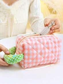 1pc Dopamine Makeup Bag, New Cute Macaron Plaid Cosmetic Bag, High-Quality Student Creative Pencil Case, Large Capacity Quilted Skincare Storage, Portable Travel Waterproof Toiletry Bag, Multi-Functional Large Capacity Women Makeup Bag For Cosmetics, Makeup Brushes, Towel, Toothbrush, Suitable For Daily Outings, Travel, Gift For Girlfriend, Coworker, Best Friend, Holiday, Birthday, Valentine's Day,Pouch,Makeup Pouch,Travel Essential - Multicolor - View 5