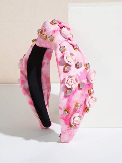 1件粉色扎染加厚布艺打结头箍，手工水钻玫瑰花装饰，甜美韩式头饰，适合情人节约会和外出佩戴