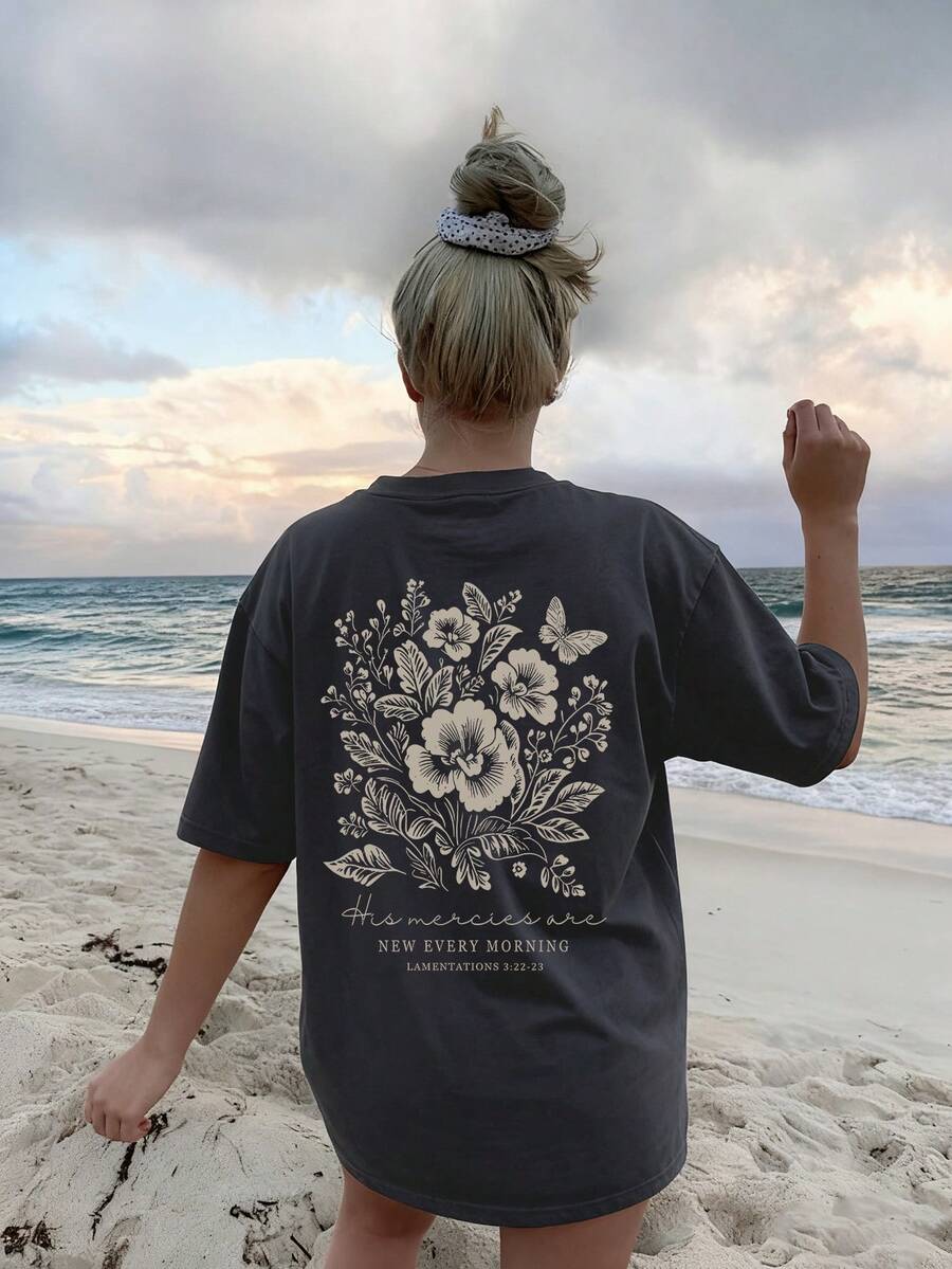 Women's Summer New Casual Floral & Letter Print Loose Versatile Round Neck Dark Grey Short Sleeve T-Shirt, Fashionable Everyday & Holiday Wear - Dark Grey - View 1