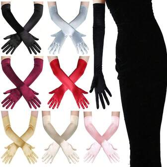 1 par snygga damer med förlängda stretchiga färgade satinhandskar, lämpliga för brudens bröllopshandskar, handdekorationshandskar för Kentucky Derby Tea Party, operapartyhandskar, satinhandskar från 1920-talet, armbågslång brudens aftonklänning