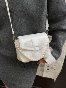 Sweet Lace Bow Pearl Mini Handbag Shoulder Bag - White - View 5