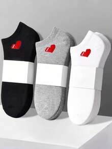 1 Pair/5 Pairs/9 Pairs/10 Pairs/15 Pairs Women Basic Versatile Casual Low-Cut Breathable Socks, Cute Heart Pattern Minimalist Sporty Style, Unisex Couples Solid Black/White/Gray Short Socks, Holiday/Valentine's Day Gift - Multicolor - View 1