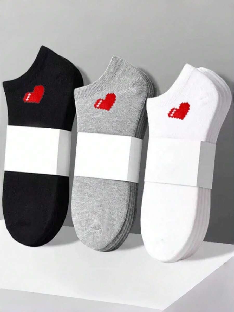 1 Pair/5 Pairs/9 Pairs/10 Pairs/15 Pairs Women Basic Versatile Casual Low-Cut Breathable Socks, Cute Heart Pattern Minimalist Sporty Style, Unisex Couples Solid Black/White/Gray Short Socks, Holiday/Valentine's Day Gift - Multicolor - View 1