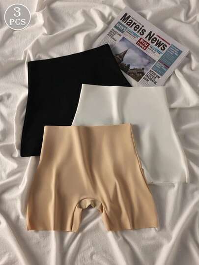 Set de 3 pantalones cortos de de cintura alta, sin costuras y de seda para mujeres. Calzoncillos elásticos y cómodos con control de abdomen, ropa interior anti-rozaduras.