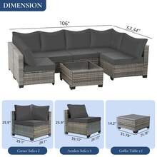 7 Pieces Outdoor Patio Furniture Set, Modular Wicker Sectional Sofa With Glass Coffee Table & Cushions, All-Weather Rattan Conversation Set For Backyard Garden - Grey-Dark Grey - 查看 2