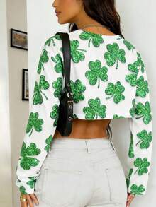 1. Love Joyy 女士圣帕特里克节露肩长袖短款上衣，饰有闪亮四叶草印花\N2. 女士亮绿色四叶草印花V领长袖衬衫 - 彩色 - 查看 2
