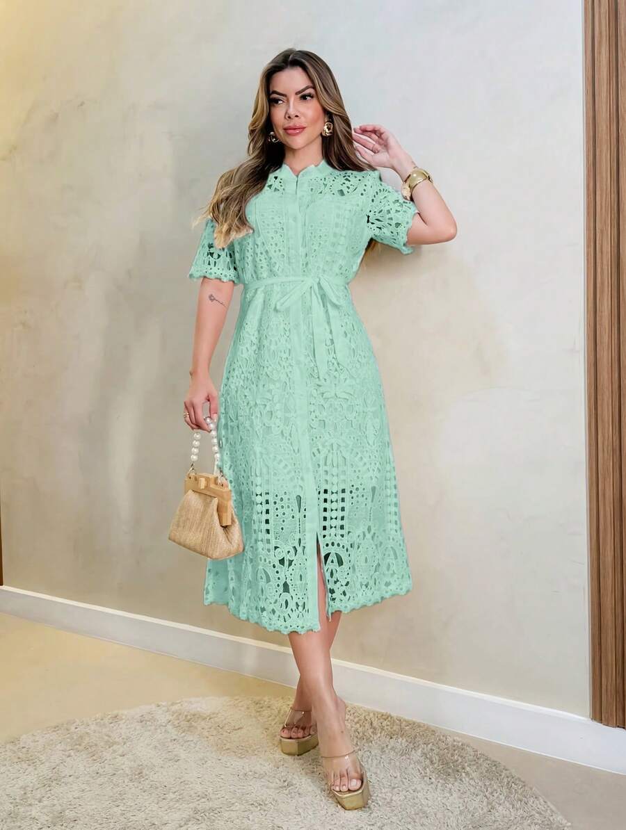 Guipure Lace Dress With Sash, Cajuni Style Dress, Skirt - 薄荷藍 - 查看 1