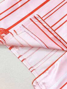 Striped Red Lip Print Women's Satin Long Sleeve Pajama Set - Pink - View 6