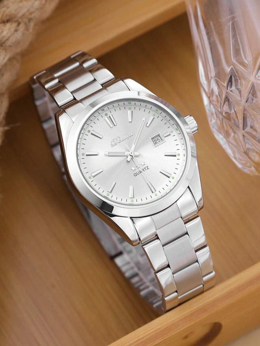 ROMITIME 1 pieza Reloj luminoso impermeable para hombres con calendario, correa de acero inoxidable, estilo de negocios de moda, de lujo, deportivo, clásico, minimalista, mecánico, automático y de cuarzo, adecuado para Halloween, Navidad, Día del Padre, cumpleaños, San Valentín, vuelta al colegio, estudiantes, vacaciones, citas, negocios, uso diario y como regalo en diversas ocasiones - Plateado - Ver 1