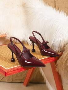 Women's Burgundy Patent Leather Pointed Toe Kitten Heel Pumps, Elegant Formal Fashion Buckle Party Dress Shoes, Office Buckle Ankle Strap High Heels - Burgundy - View 5