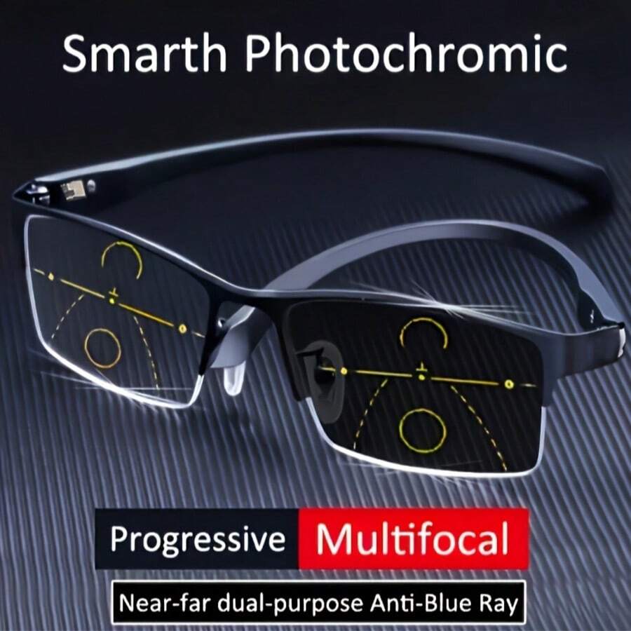 1-Pack Progressive Multifocal Unisex Full-Rim Reading Glasses Lightweight Durable Metal Frame Photochromic Lenses Far And Near Vision Support Ideal For Driving And Office Use - 黑色 - 查看 1