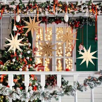 6 st 9-uddiga stjärnformade hängande pappersdekorationer i kaffe, beige och vita färger, batterifria, för fest, inomhus-/utomhusdekorationer till jul, alla hjärtans dag, Thanksgiving, Halloween och högtidsdekorationer