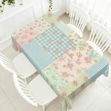 1pc Large Vintage Patchwork Tablecloth Blue Pink Floral Mauve - Soft Rectangular Table Cover Suitable For Weddings, Parties, Rustic Decor, Easy Clean & Reusable, Pastoral Table Setting, 2D Flat - Multicolor - View 3