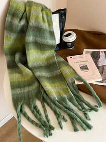 1pc Women's Green Polyester Messy Braid Fleece Striped Knit Scarf - Green - View 2