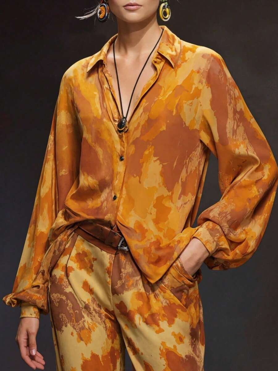 Women's Fashionable Casual Tie-Dye Print Open Front, Lantern Sleeve Blouse, Daily Commute, Spring/Summer New - Coral Orange - View 1