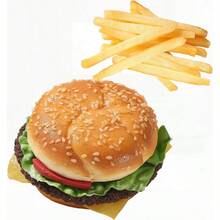 Hamburguesa artificial y 12 patatas fritas artificiales realistas para exhibición de hamburguesas falsas para decoración de alimentos falsos - 1hamburguesay12papasfritas - Ver 1
