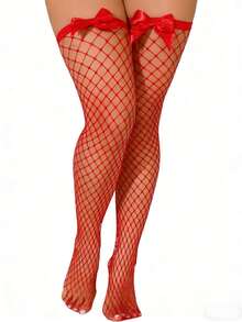 1 Pair Women's Red Bow Fishnet Over-The-Knee Socks Pure Desire Style Satin Bow Decoration Suitable For Valentine's Dates, Christmas Parties, New Year's Eve, Candlelight Dinners Eye-Catching Dating Item