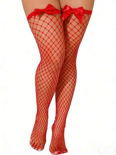 1 Pair Women's Red Bow Fishnet Over-The-Knee Socks Pure Desire Style Satin Bow Decoration Suitable For Valentine's Dates, Christmas Parties, New Year's Eve, Candlelight Dinners Eye-Catching Dating Item