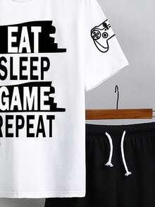 Tween Boys Letter Print Short Sleeve T-Shirt And Shorts Set - Black - View 4