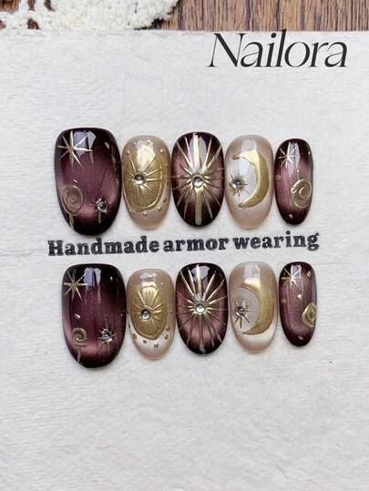 10pcs Handmade Nails Oval Nails Acrylic Press On Nails Short, Minimalism Purple Pourpre Gold Nails Gradient, Flashy Glossy Cateye, Handpainted Asymmetrical Polka Dots Moon And Star Stelliform, Small Rhinestone Inlaid, Simple Elegant Luxury Autumn Nails, Minimalist Aesthetic Fall Press On Nail, Versatile Nails DIY False Nail Art Party Daily & Dating Suitable Use In Work Setting Reusable, For Women & Girls As Gift Nail Supplies Handmade Press On Nails