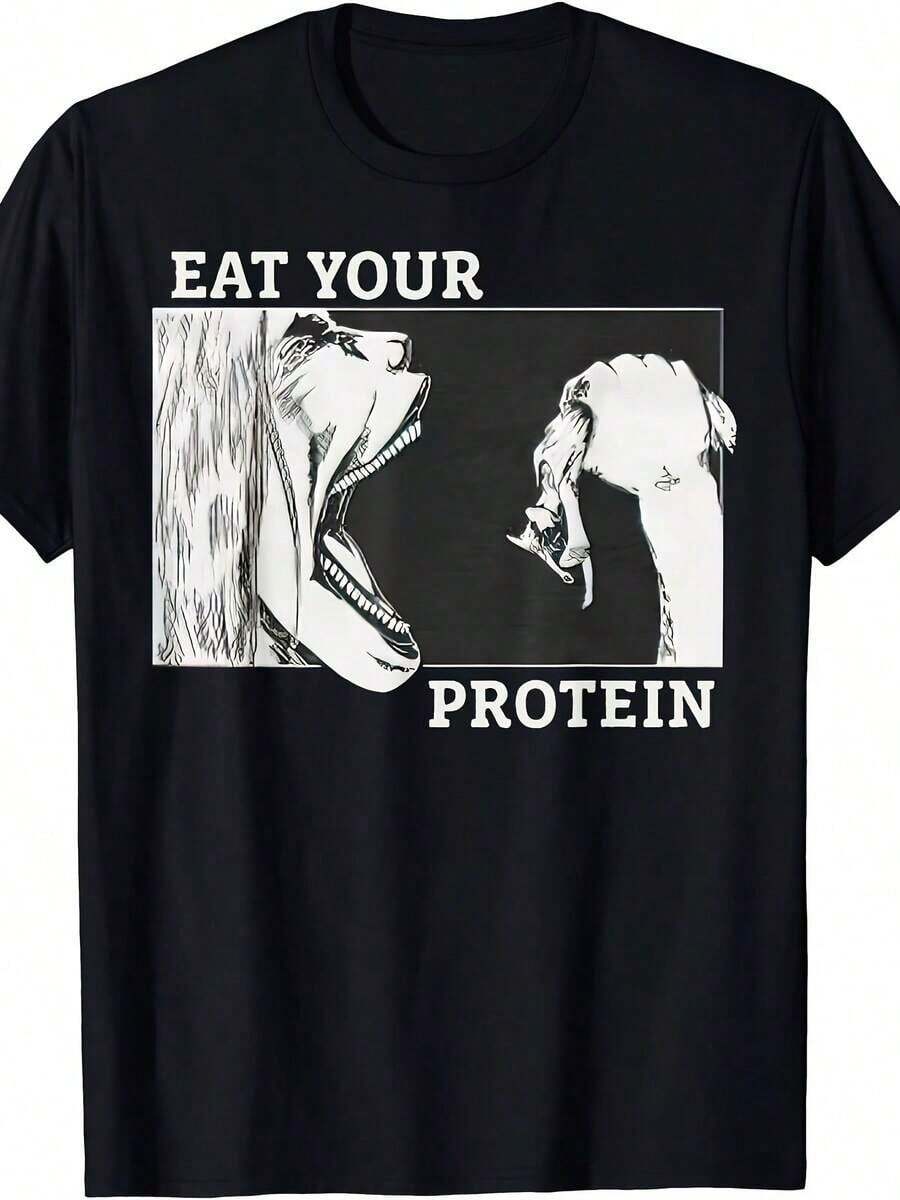 [Funny Anime Gym Tee] Funny Anime Gym Bodybuilding Fitness T-Shirt - Eat Your Protein, Short Sleeve - 黑色 - 查看 1