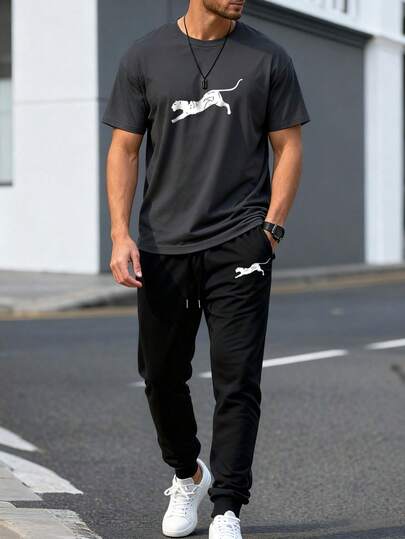 2pcs/Set Men's Fashionable Minimalist Animal Print Casual Short Sleeve T-Shirt And Pants Set, Suitable For Street, Outdoor, And Daily Wear