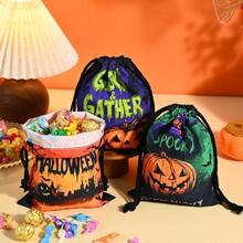 1/3pcs Halloween Drawstring Candy Gift Bags, Pumpkin Design, Lightweight And Reusable, Suitable For Party Favors, Holiday Decor Or Themed Events, Practical Tote Bag For Christmas, Halloween, Easter Party Gifts And Packaging - Multicolor - View 3