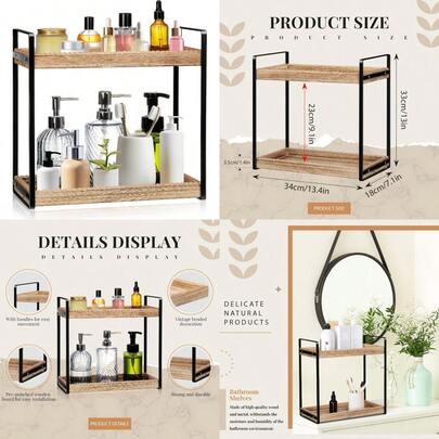 Organizador de encimera de baño de 2 niveles con cuentas de madera, organizador de bandeja para cosméticos, cuidado de la piel, perfume, estación de café de la cocina, organización clásica en marrón