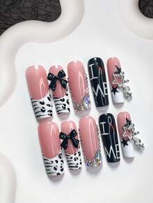 10片Y2K风格美甲贴纸，亚克力美甲套装，黑色蝴蝶结，闪亮水钻，银色水钻镂空五角星，闪亮小星星，黑白条纹波点设计，手绘“我爱我自己”美甲装饰，三种尺寸可选：杏仁形、鸭嘴形、棺材形，包含工具包，适合女性和女孩，适合派对、通勤、日常佩戴，美甲用品，手工按压式美甲贴片 - 彩色 - 查看 14
