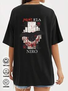 Camiseta feminina elegante, casual e folgada, de manga curta, ideal para férias, viagens e uso diário. Estampa gráfica com estilo urbano, perfeita para primavera, verão, Dia dos Namorados, casamentos e ocasiões especiais.