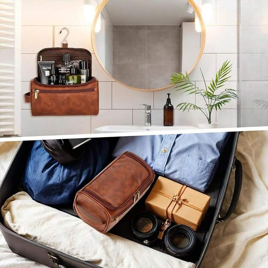 Neceser de Cuero para Hombre, Bolsa de Aseo de Piel con Gancho y Manija, Gran Capacidad y Impermeable, Organizador de Viaje de Baño con Múltiples Compartimentos para Artículos de Aseo. (Negro) - Negro - Ver 1