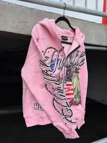 Graphic Hoodie  Hip-Hop Streetwear American Vintage Letter Unisex Hooded Cardigan Print Couple Loose Sports Harajuku Style Sweatshirt Hoodie For Men Hoodies Y2k - 粉色 - 查看 2