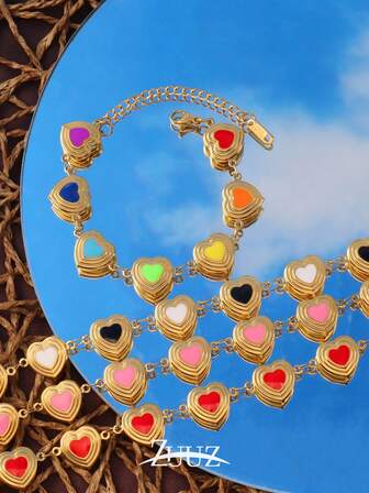 1 pieza Brazalete de cadena con corazón de acero inoxidable de moda con efecto de goteo de aceite de colores para mujer, joyería de regalo con colgante de corazón y amor