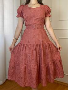 Women's 3-Marias Midi Dress In Elegant Cotton Lace With Belt And Ruffled Hem - Casual Fashion - For Dating Or Weddings - 乾枯玫瑰色 - 查看 3