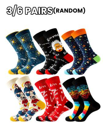 3/6 par herrstrumpor, slumpmässiga flerfärgade, lämpliga för alla årstider, tecknad stjärna, sol, porträtt, vetenskapsman, kändis, retromode, mångsidiga, mjuka, bekväma, fukttransporterande, avslappnade vadstrumpor