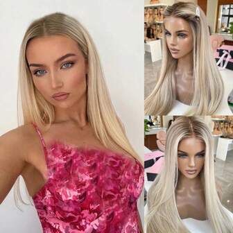 Salon-Quality 100% Real Human Hair Wig Vanilla Cream Blonde Balayage Color Sleek 22inch 24inch Ash Blonde Color Straight Upgrade 13x4 UHD Transparent Lace Frontal Wig Human Hair Double Knotting Technique Wig Root Shadow 180% Density Wig Moisture-Wicking Cap Wig