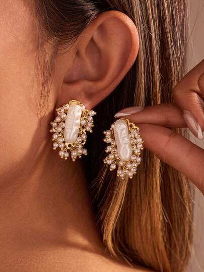 1 Pair Women's Fashion Pearl Design Stud Earrings, Versatile Stylish Item Suitable For Parties, Gifts, Daily Wear, Holidays. A Great Valentine's Day Gift For Her, Comes In Velvet Bag Packaging