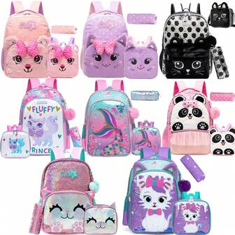 Set de 3 piezas de mochila con diseño de estampado de animales para niñas, con diseño de múltiples bolsillos, incluye bolso bandolera y estuche para lápices, adecuado para volver a la escuela
