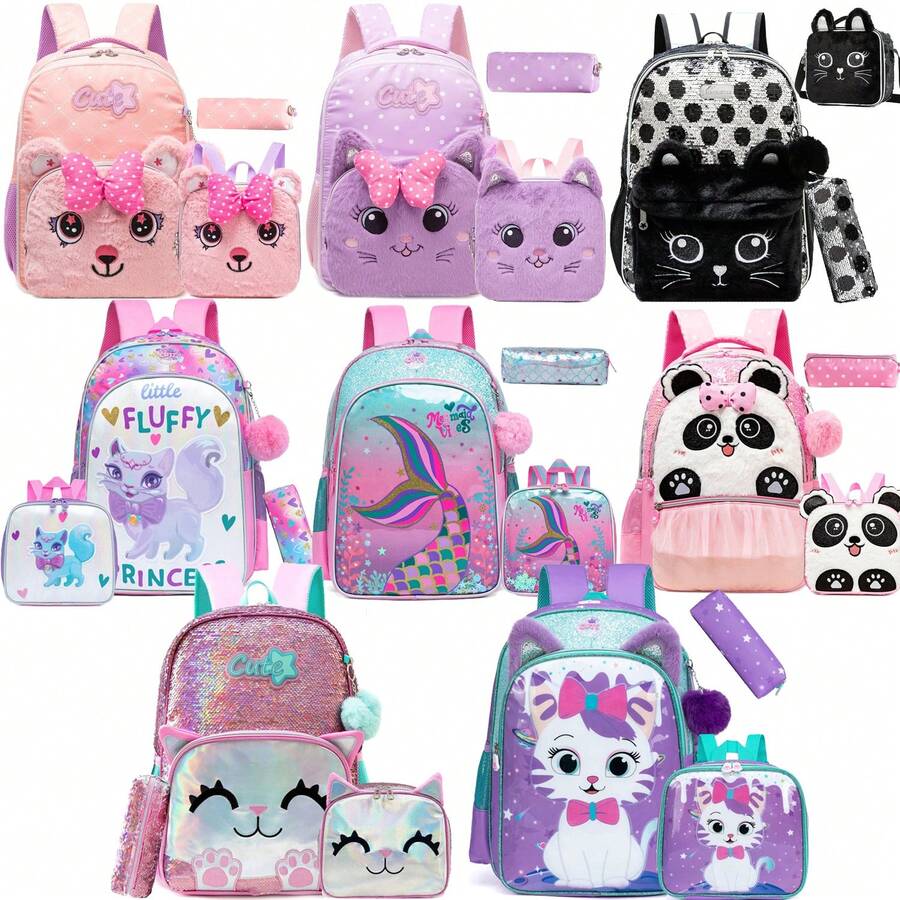 3pcs/Set Animal Pattern Girls' Backpack, Multi-Pocket Design With Crossbody Bag And Pencil Case, Suitable For Back To School - Girls' Schoolbag Set - View 1