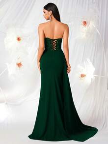 ADYCE 优雅薄纱蕾丝美人鱼高腰系带高开衩露背曳地晚礼服，适合婚礼宾客、派对、舞会、约会之夜、正式晚宴、圣诞派对等场合，情人节亦可穿着。 - 墨綠色 - 查看 2