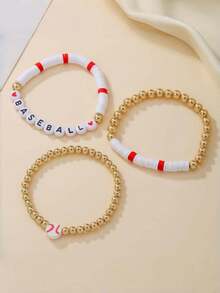 Set de 3 piezas Pulsera con dijes de pelotas deportivas, pulsera minimalista con cuentas de letra de fútbol, baloncesto, béisbol - Joyería de lujo para mujer, adecuada para uso diario y de fiesta - Multicolor - Ver 8