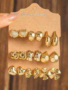 6-18pcs Mini Gold-Tone Earring Set (Includes Earring Studs), Heart & Bow Design, CCB Material, Suitable For Daily Wear - Gold - View 9