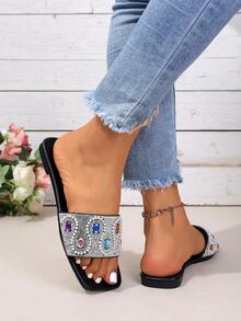 2026 Summer Black Base Rainbow Rhinestone Embellished Open Toe Slide Sandals, Square Toe Strap , Party Catching Flat Slippers - Black - View 5