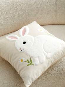1pc High-End Velvet Embroidered Floral Bunny Decorative Pillow Cover, Dual-Color Options, Suitable For Easter Decor In Living Room, Sofa, Dining Chair, Bed, Does Not Include Insert - Beige - View 4
