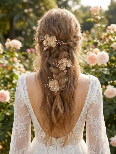 3件套优雅植物灵感铜质分叉发夹，适用于派对、婚礼、新娘情人节配饰