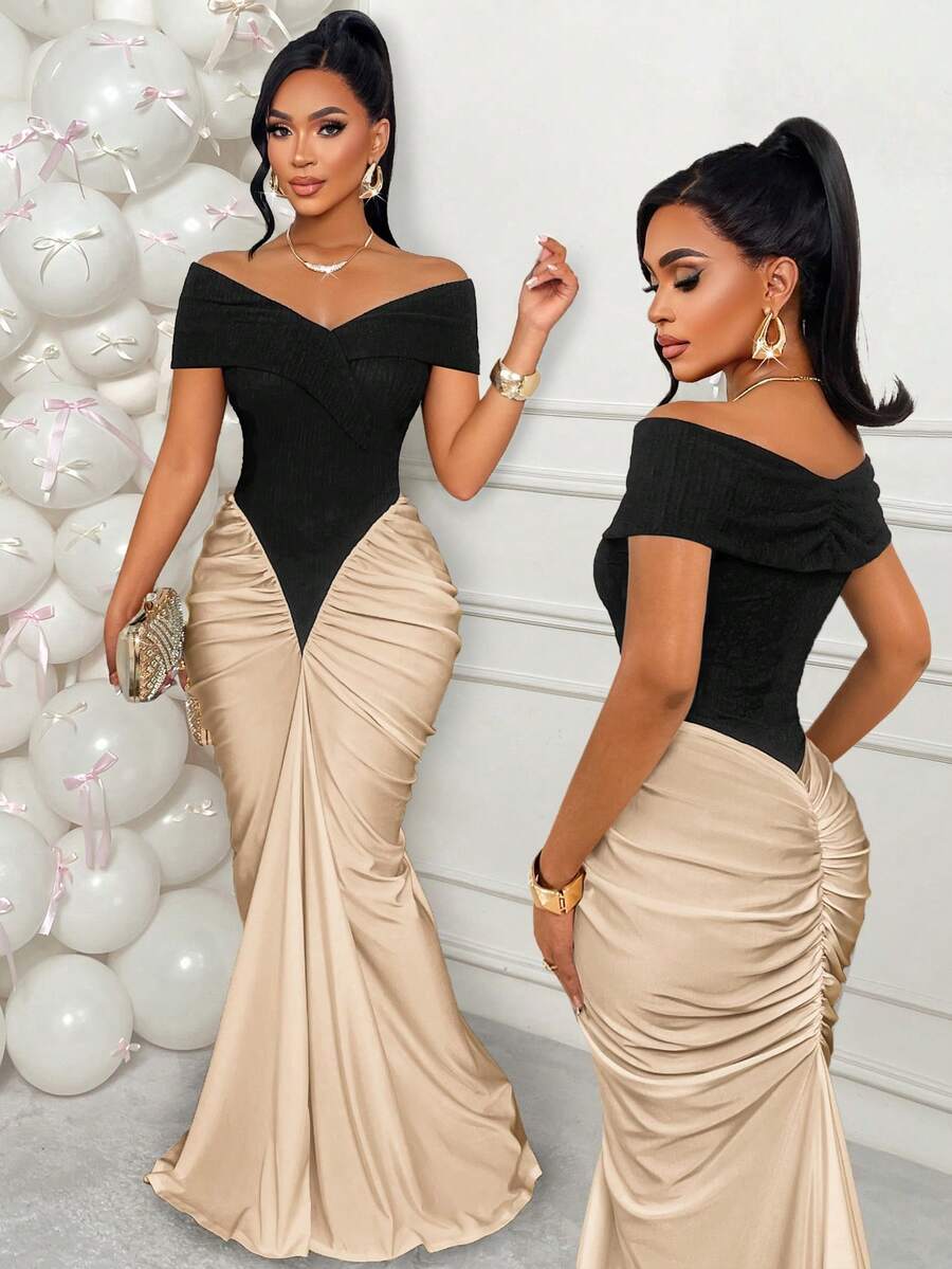 AIJ Amarilo Black & Apricot Patchwork Sexy Off-Shoulder Ruffle Asymmetric Pleated Waist Fitted Elegant Party Maxi Dress, Made Of Stretchy Knit Fabric, Suitable For New Year, Valentine's Day, Graduation Ceremony, Prom And Spring And Summer New Women's Clothing - 卡其色 - 查看 1